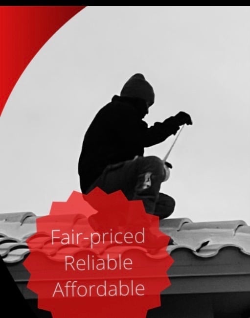 Silhouette of a roofer working on a roof with red badge displaying Fair-priced, Reliable, Affordable