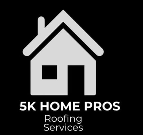 5K Home Pros logo featuring a house icon with a peaked roof on a black background, text reads 5K HOME PROS Roofing Services